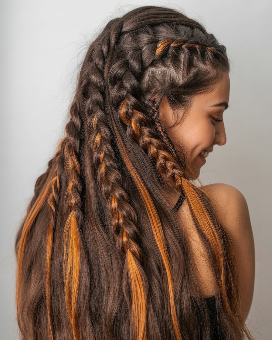  Chocolate brown braids with caramel streaks, offering a unique and bold contrast for a playful, eye-catching look.