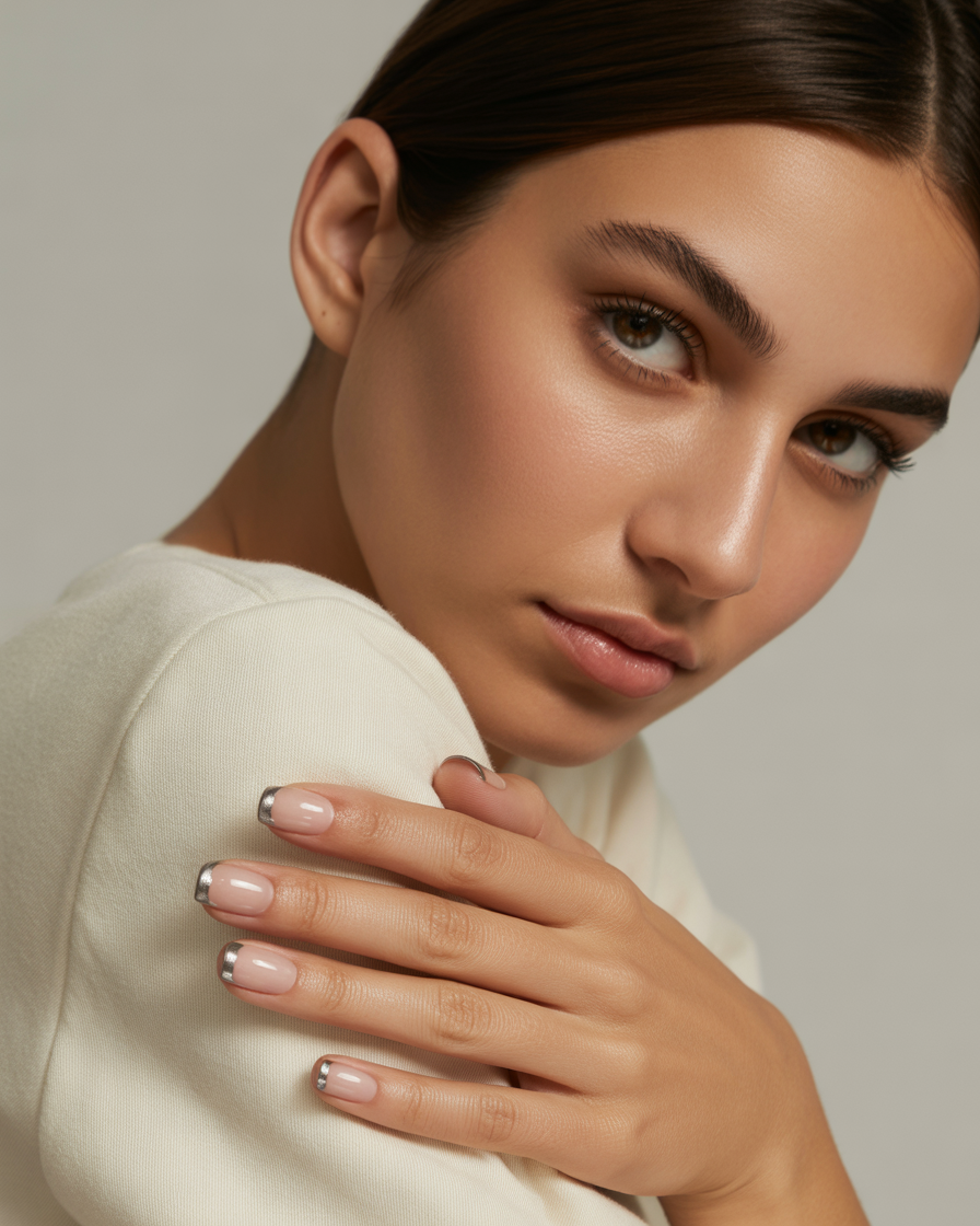Subtle metallic tips on short nails for a modern and chic look.