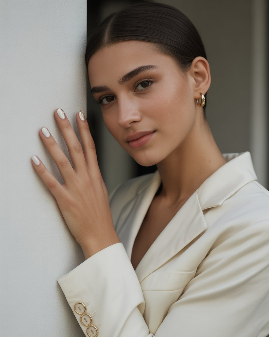 Soft gold accents on white nails for an elegant and minimalist look