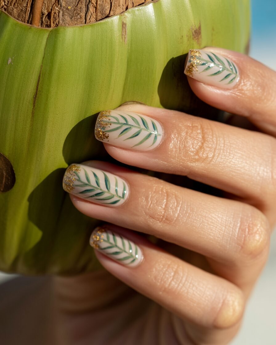 Tropical palm leaf nail art on nude nails with gold glitter accents for a chic, beachy style