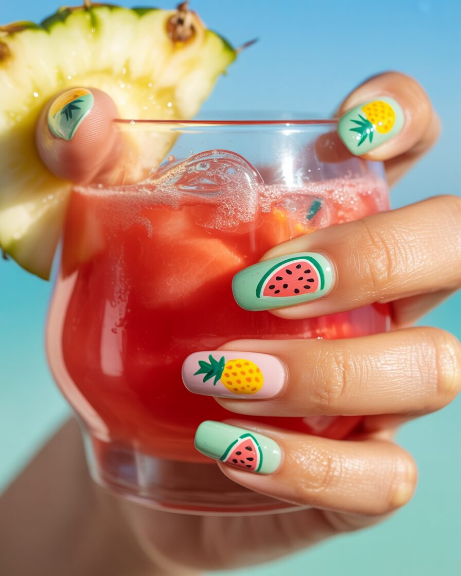 Fun tropical fruit nail designs featuring watermelon and pineapple