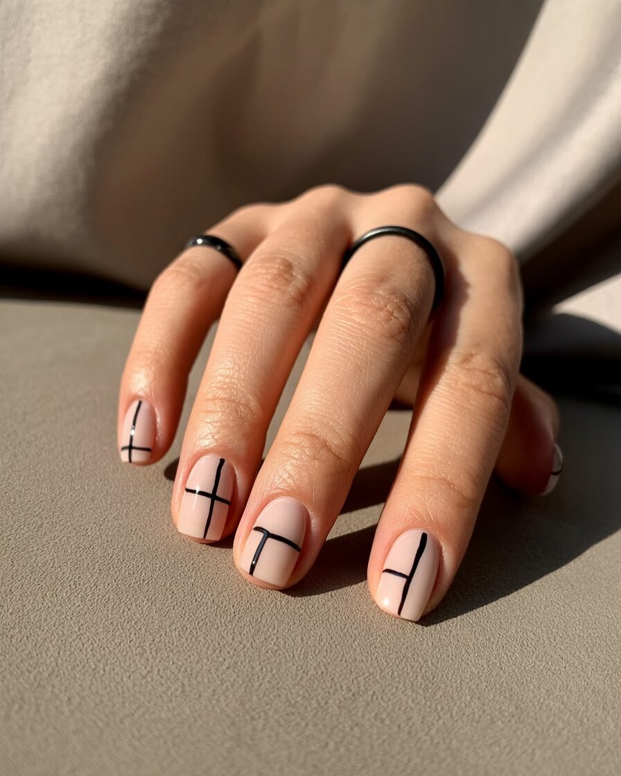 Minimalist geometric nails with black lines