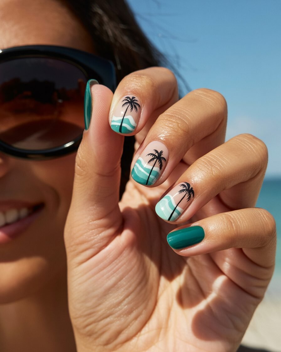 Tropical nails with palm trees and ocean waves in blue and green
