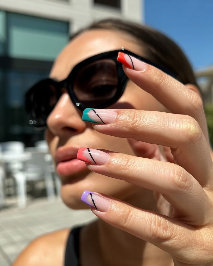 Colorful modern French tips in coral, teal, and lavender for a fun and updated look.