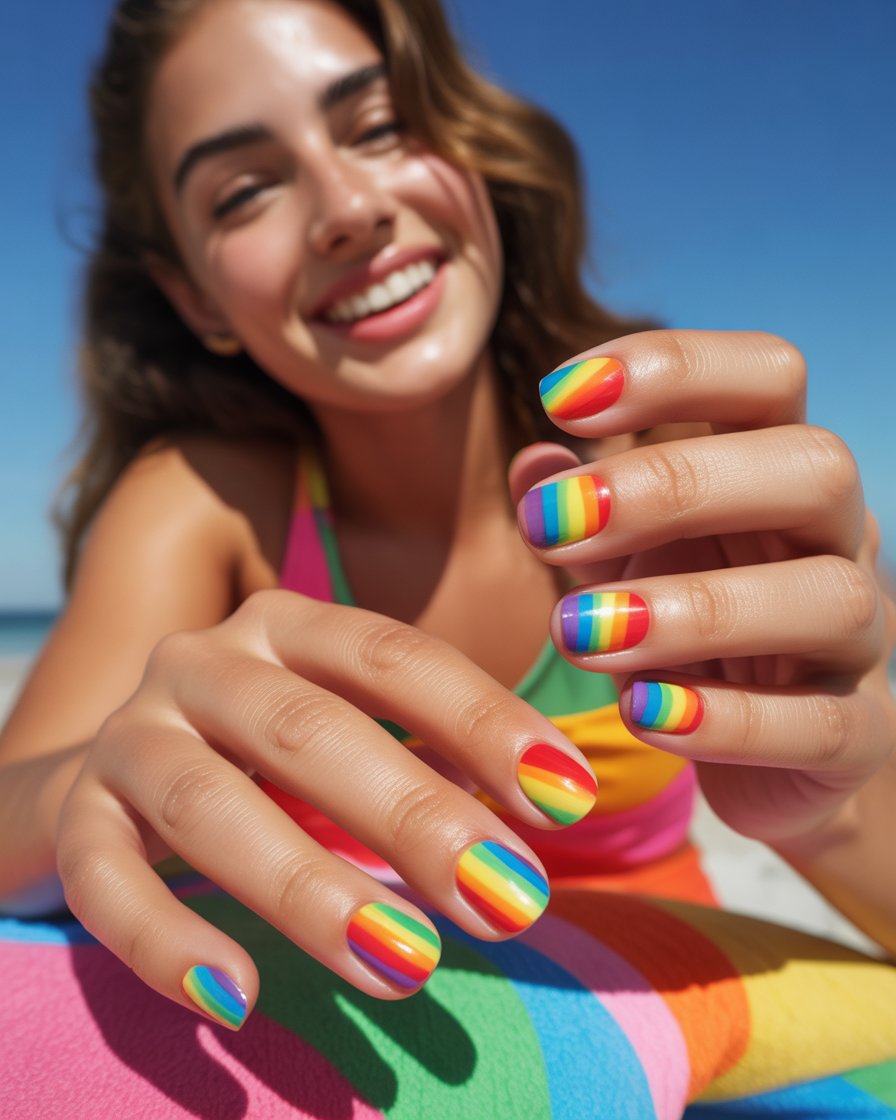 Rainbow stripes on nails, perfect for a colorful and fun summer design.