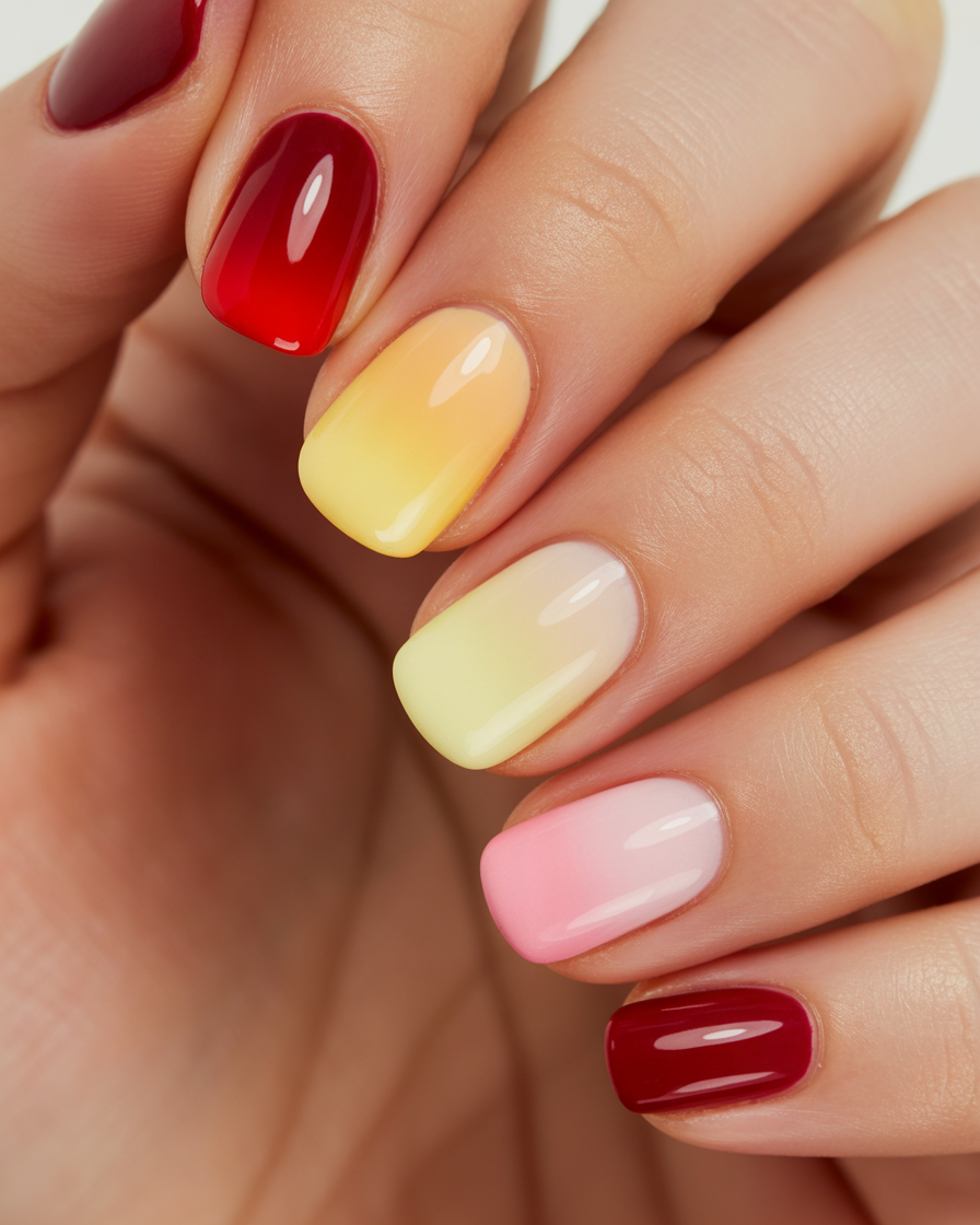 Reverse ombre sunset gradient nails with a deep to light effect.