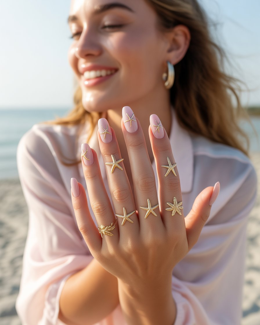 Starfish nail art in gold on a soft pastel base, perfect for a coastal-inspired look