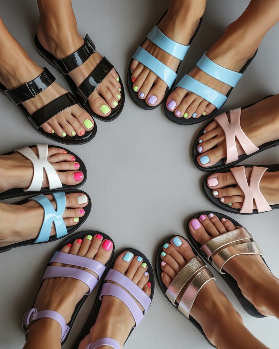 Trendy summer toe nail designs in neon, pastel, and metallic colors.