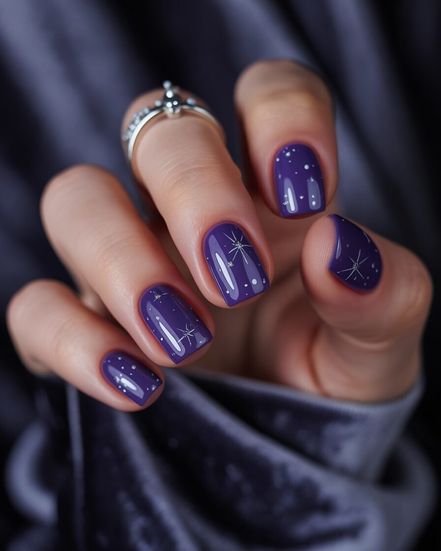 Starry night cosmic nails with deep purple and silver accents