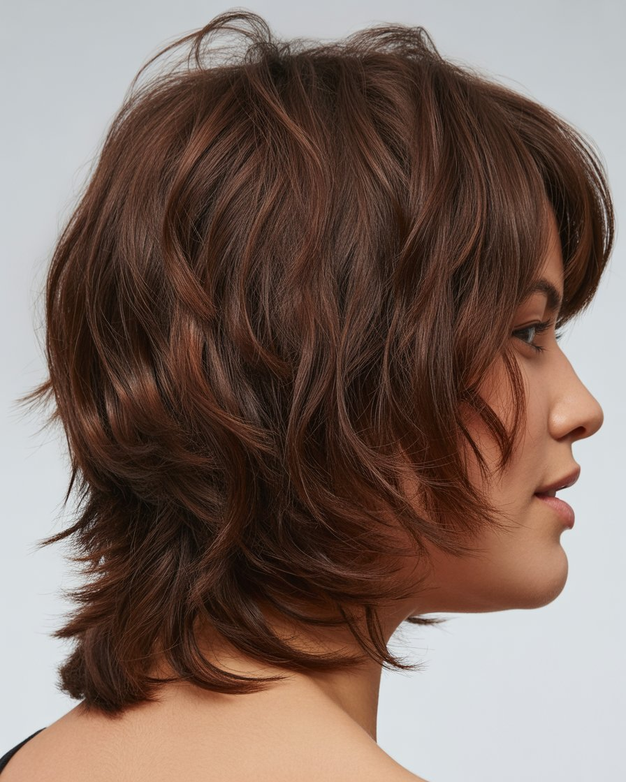  Deep brown shag hairstyle with textured layers, offering a relaxed, tousled vibe with rich color.