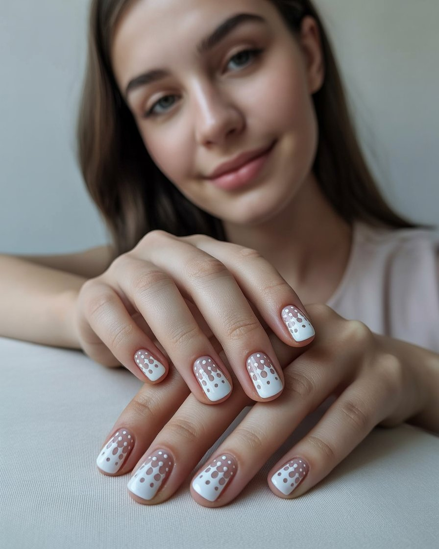 Dotted gradient nails with a coral base and white dots, creating a chic summer nail design.