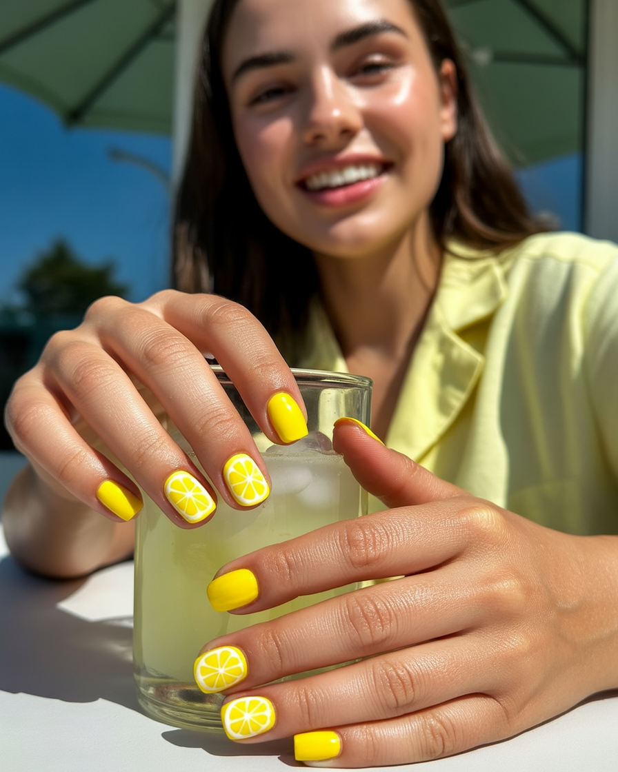 Lemonade nail art with a yellow base and lemon slice accents, ideal for a refreshing summer look.