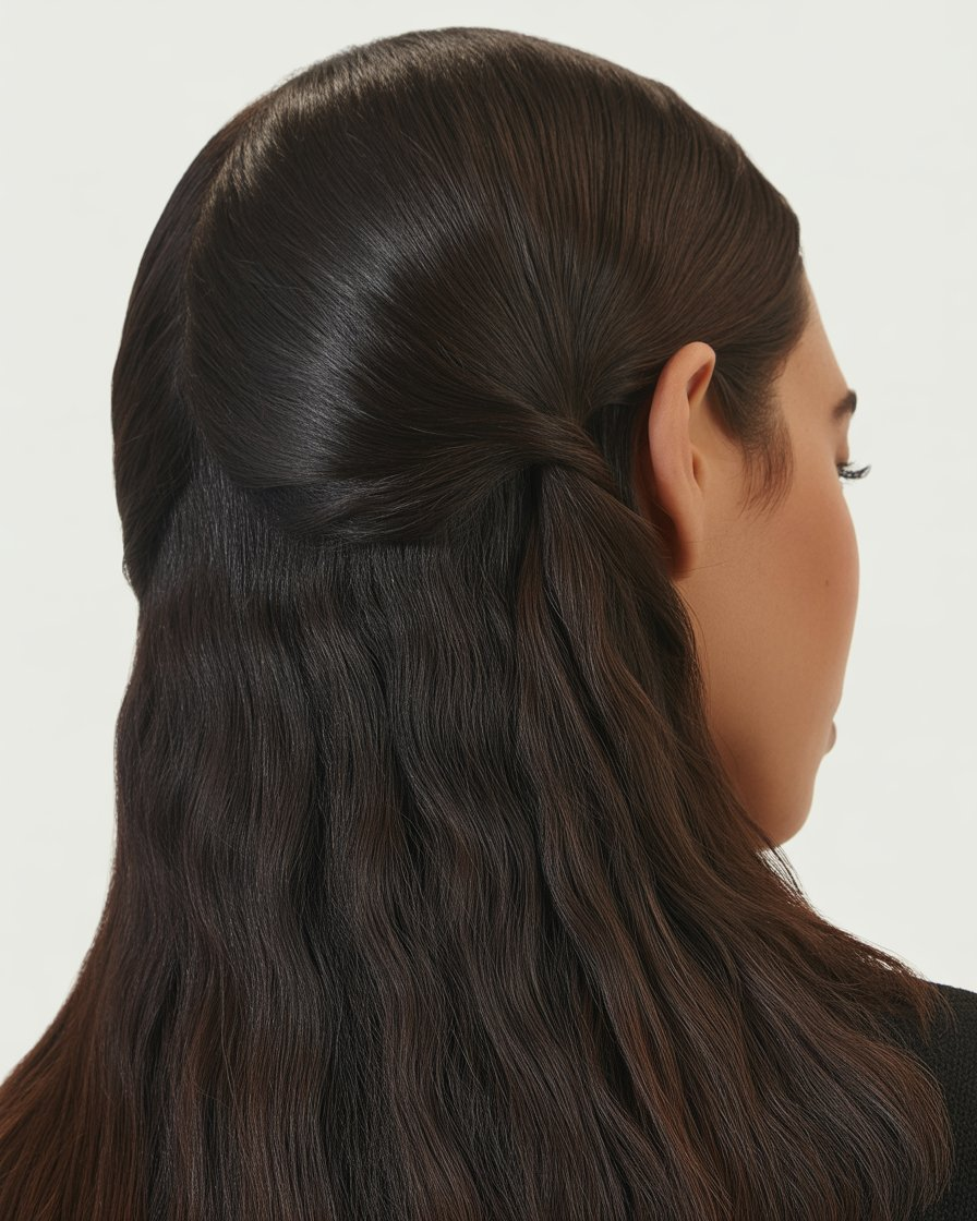 Side-parted black-brown hair, sleek and polished, with a deep part for added volume and elegance.