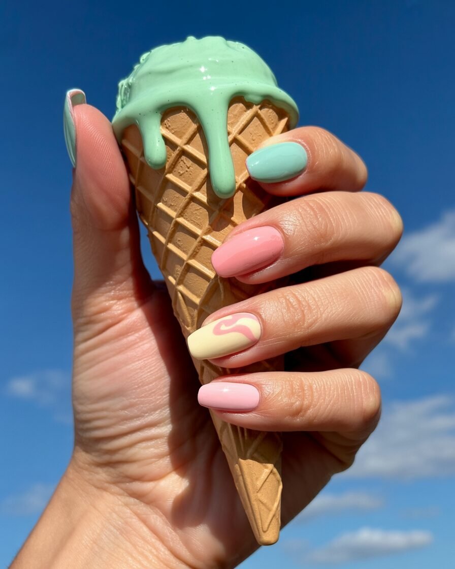 Ice cream-inspired pastel nails in mint, pink, and vanilla for a sweet, playful summer look