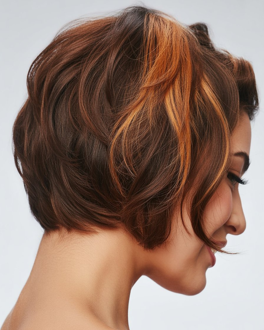 Short chocolate brown hair with caramel highlights, providing a fun and modern look with vibrant contrast.