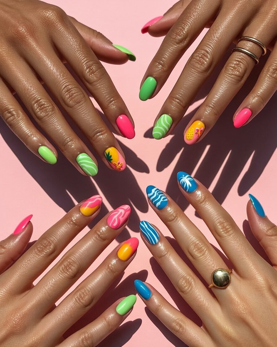 A variety of fun and colorful summer nail designs in bright and bold shades.