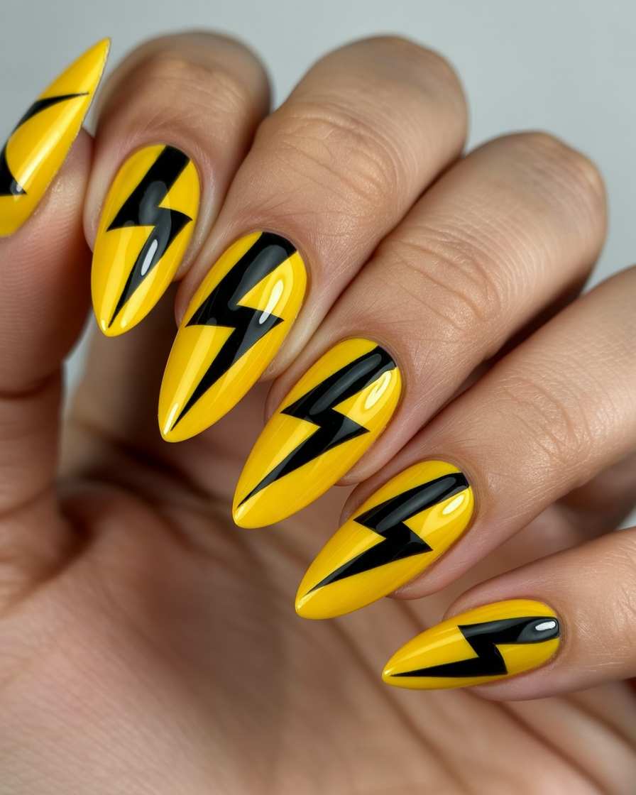 Yellow nails with black lightning bolt designs.