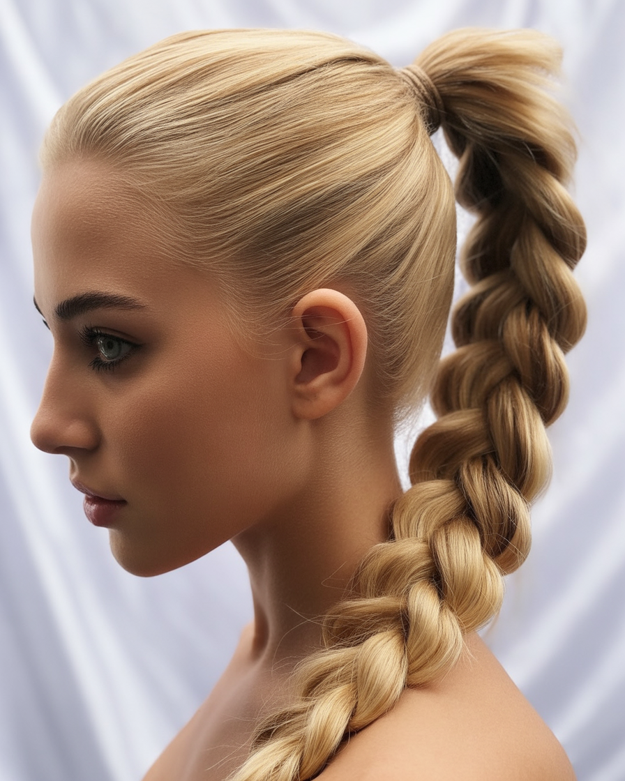 Blonde braided ponytail, offering a chic and stylish look with a textured braid for added dimension.