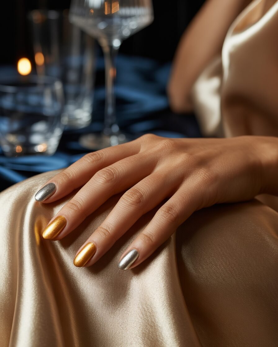 Metallic gold and silver nails with a high-gloss finish.
