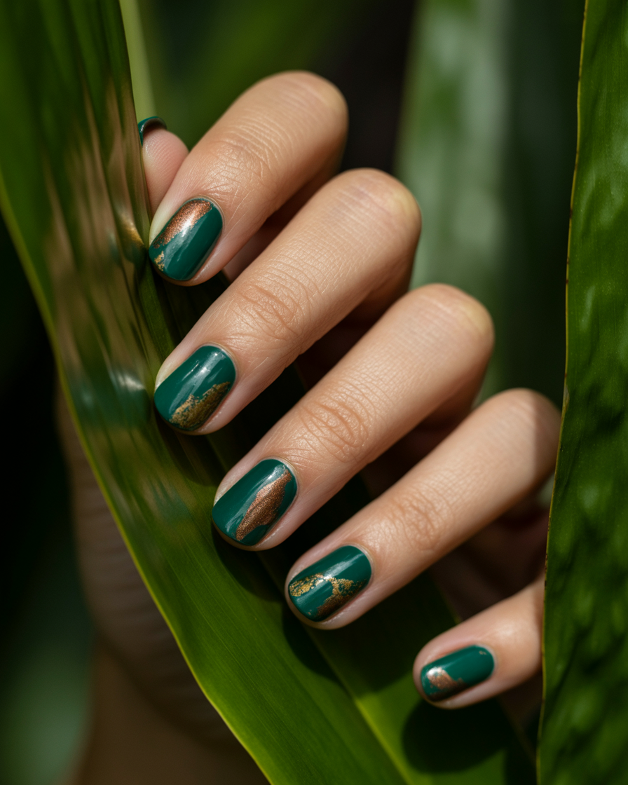  Bold jungle green nails with gold metallic lines.