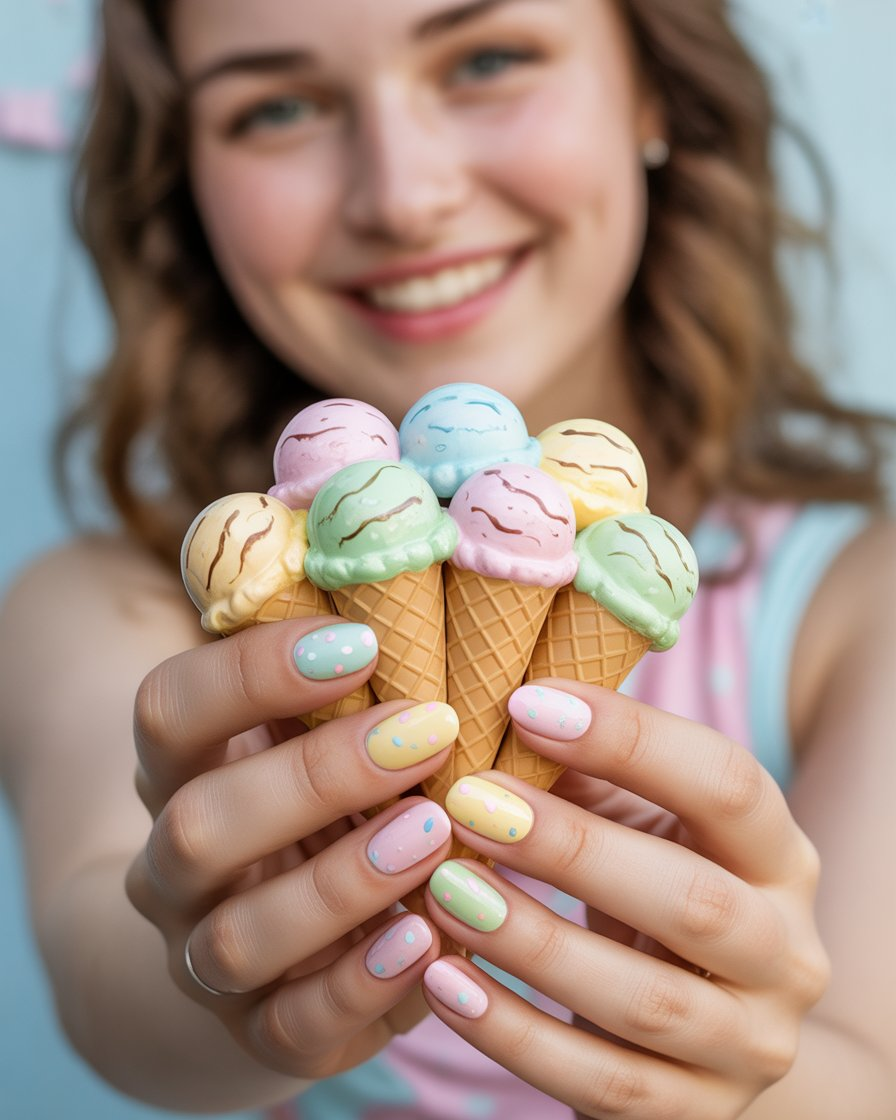 Ice cream cone nail art with pastel colors, creating a fun and sweet summer vibe