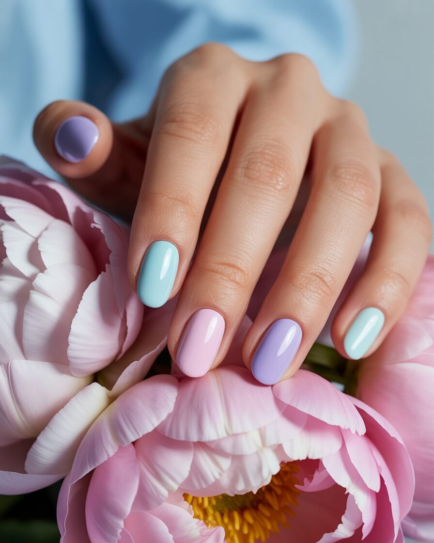 Pastel gradient nails in pink, lavender, mint, and blue for a soft and serene summer vibe.