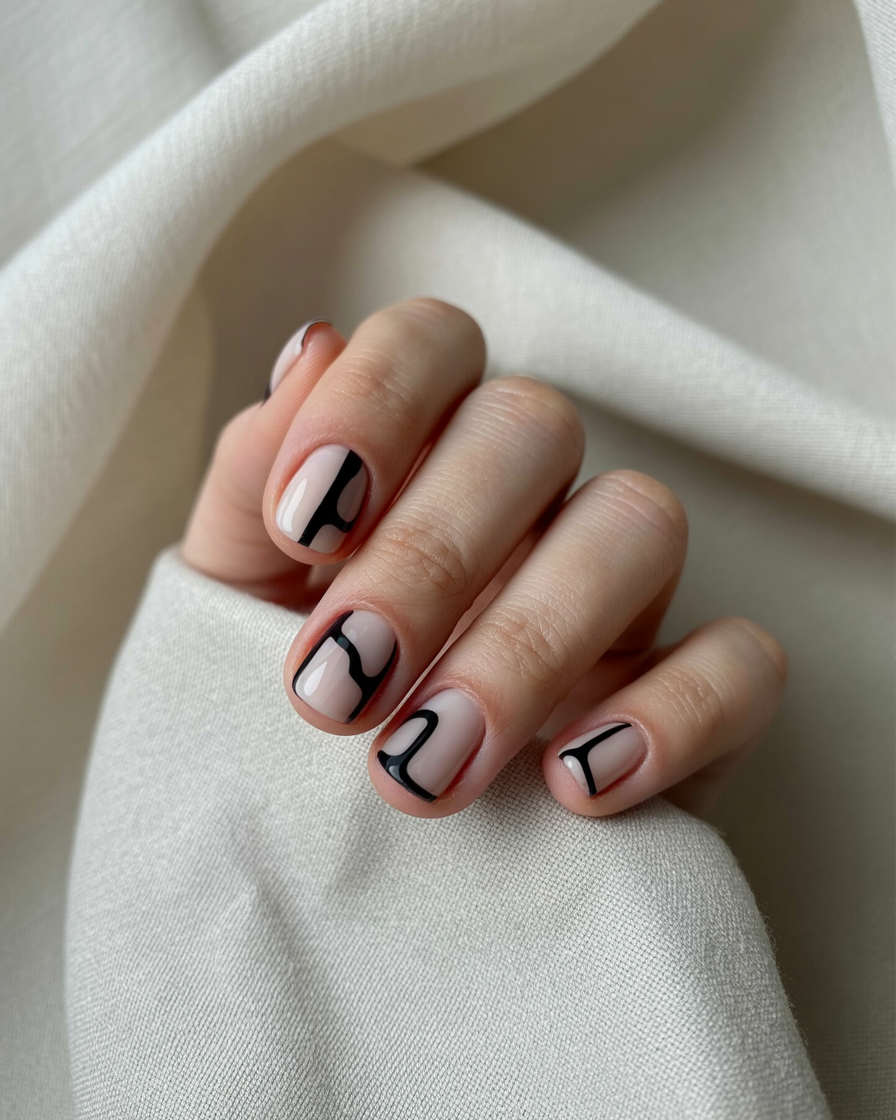 Minimalist short nails with black geometric accents on a neutral beige base, perfect for an elegant summer look.