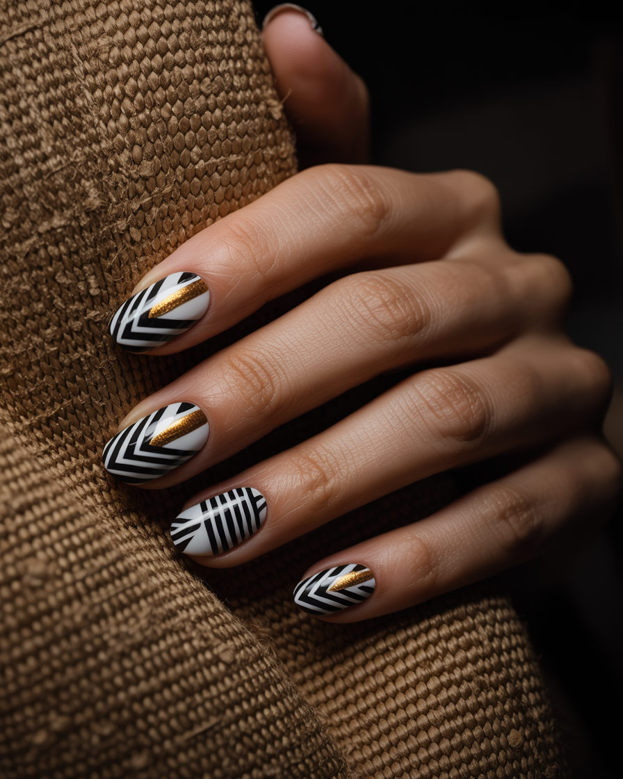  Bold tribal geometric nails with black and gold patterns