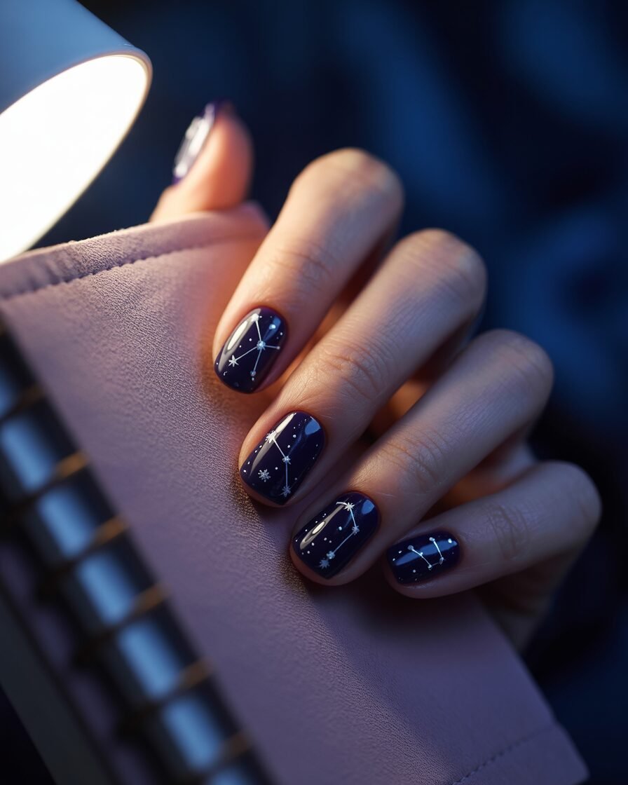Starry night nails with white stars on a navy or black base for a magical summer look.