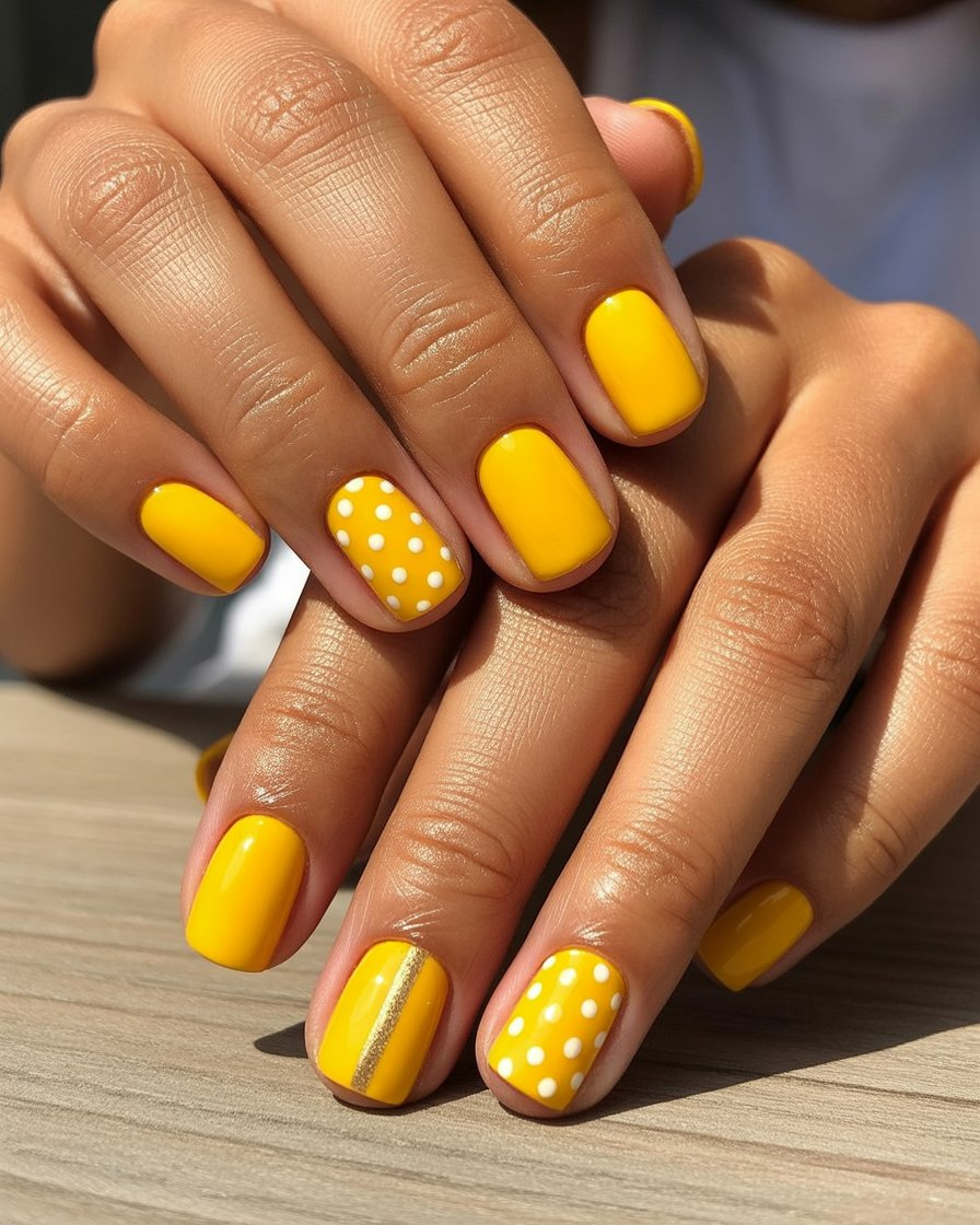 Sunshine yellow nails with polka dots and gold accents.