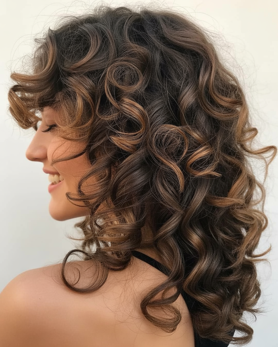 Chocolate brown curly hair with caramel balayage, offering rich, bouncy curls with subtle highlights for a luxurious finish.