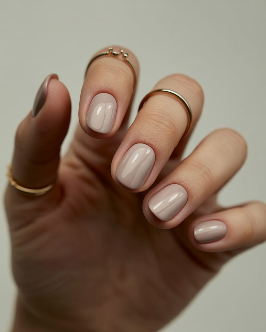 Glossy beige chrome nails with gold rings and nude background.