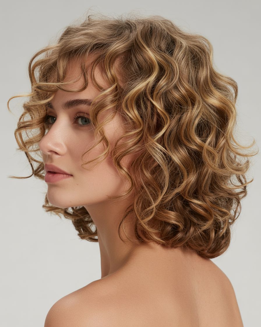 Curly shag haircut with soft waves, offering a textured, voluminous style that adds movement and elegance to the natural curls.