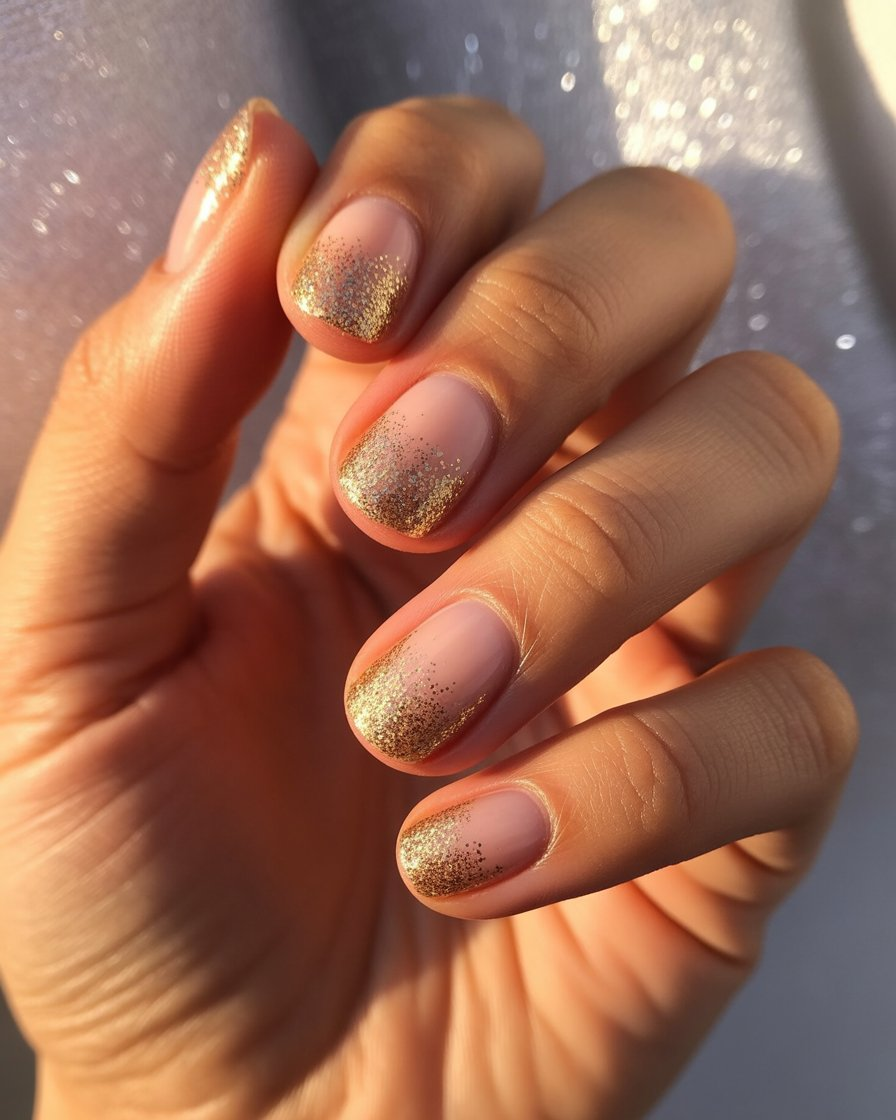 Nude nails with gold glitter fade and sparkle finish.