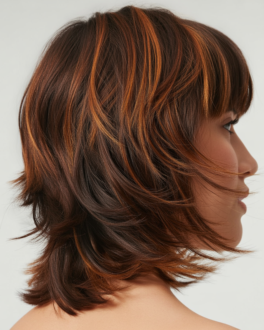 Chocolate brown shag cut with caramel highlights, providing texture, volume, and a fun, playful look.
