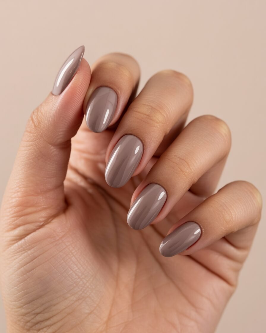 Clean glossy nude nails on beige background.