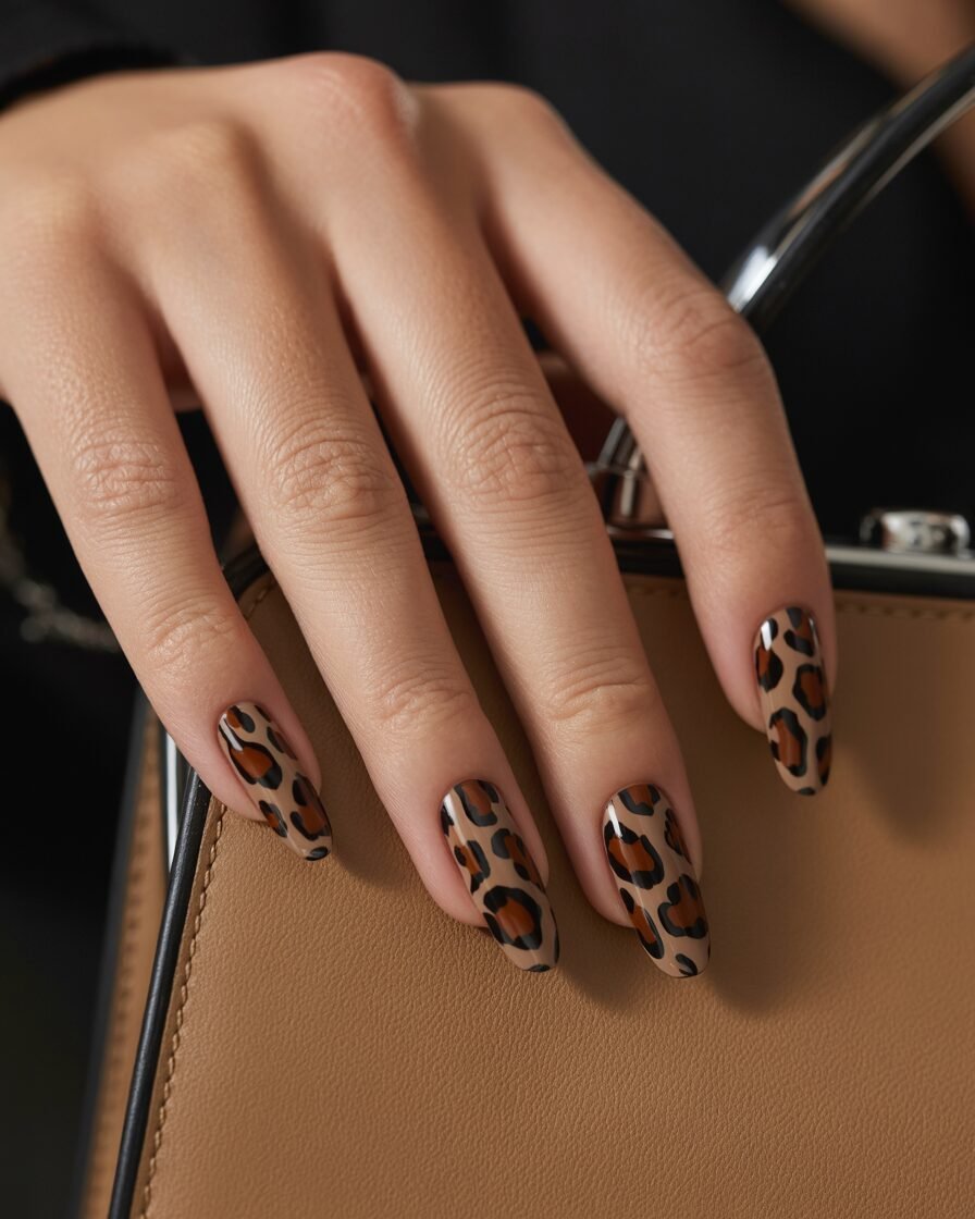 Animal print leopard nails with a glossy finish