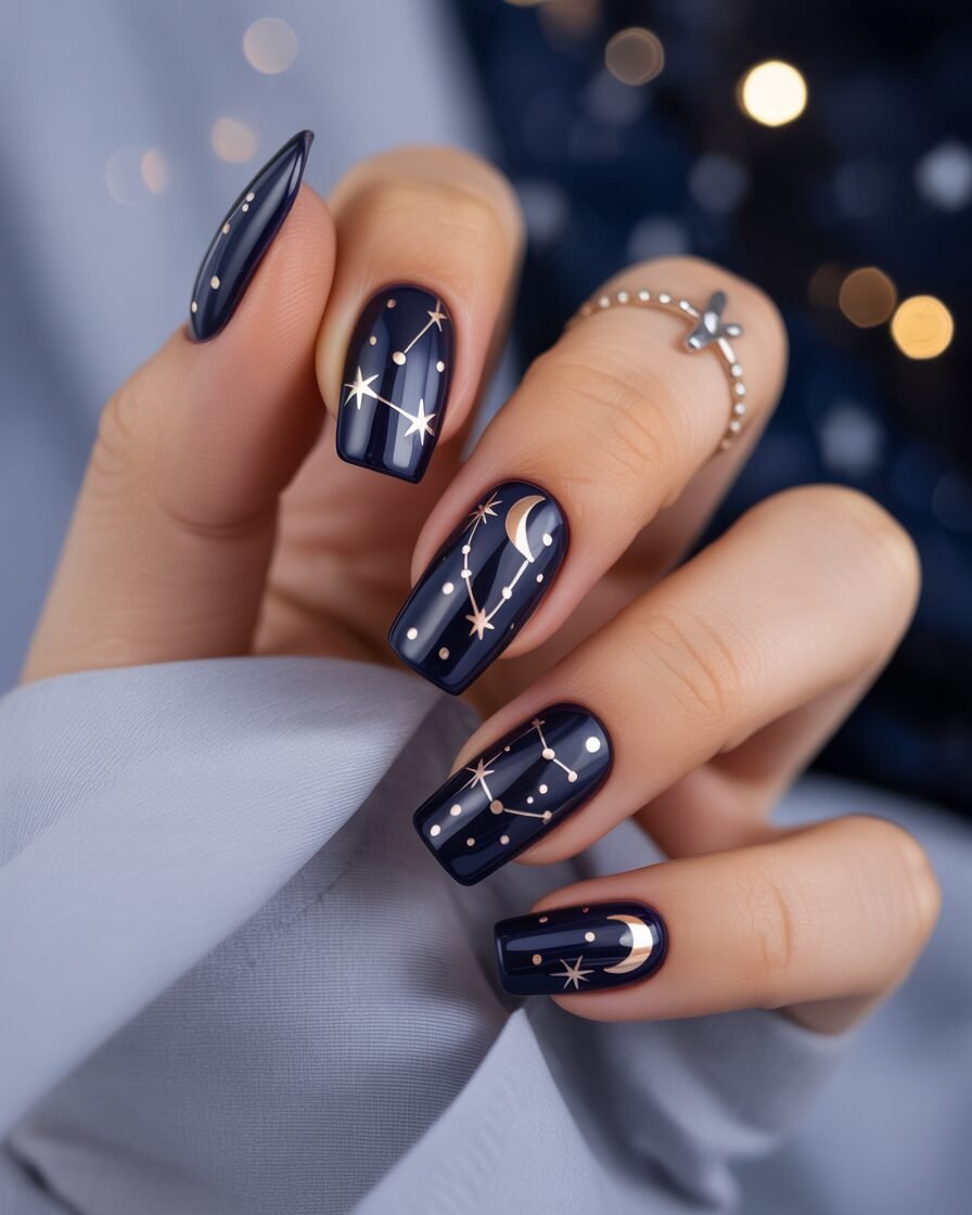 Cosmic nails with metallic gold and silver accents