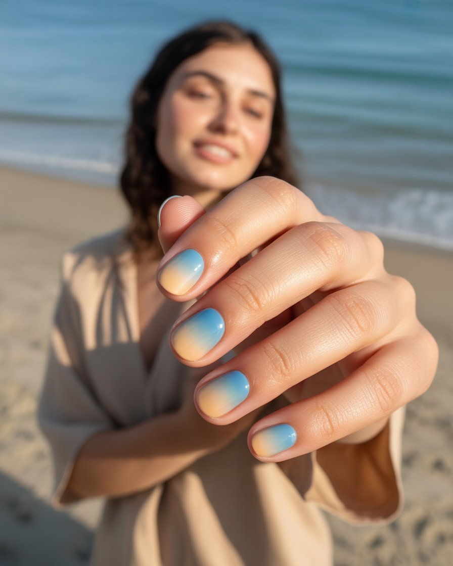 Beach gradient nails with sandy beige fading into ocean blue, ideal for a summer coastal look.