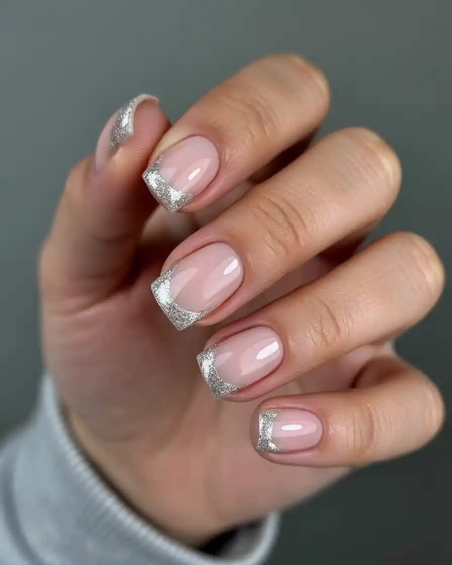 Glamorous silver glitter accent nails with a smooth base finish.
