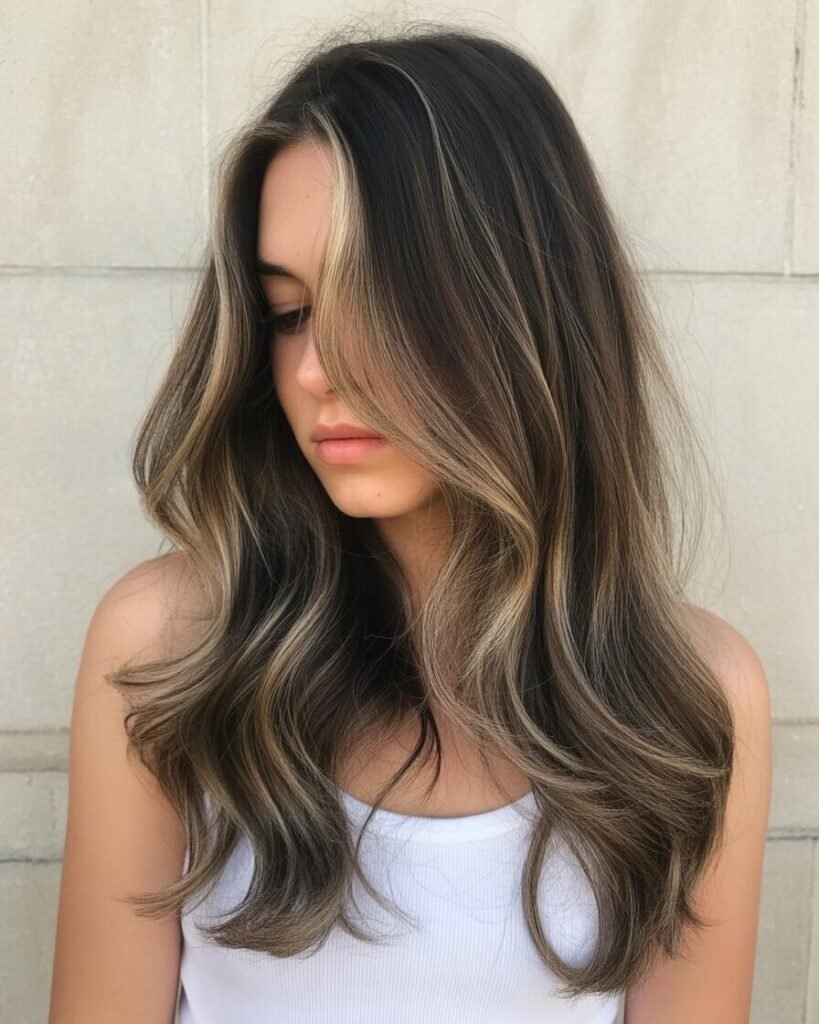 Brunette balayage with natural highlights, creating depth and dimension in a low-maintenance, radiant style.