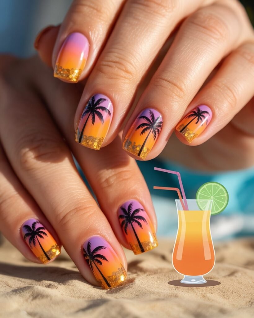 Tropical-themed nails with palm tree art and sunset hues for a beachy summer look
