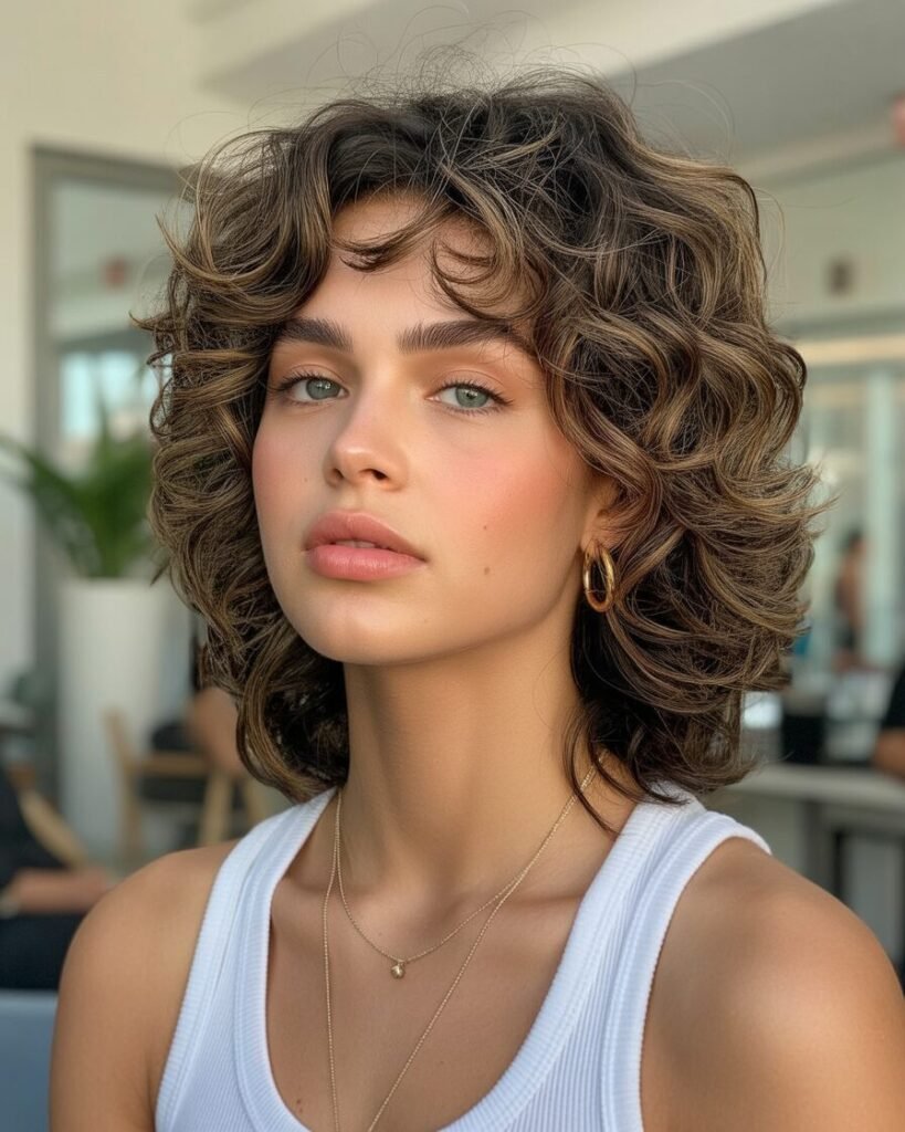 Soft shaggy curly haircut with a middle part, offering a laid-back, stylish look with natural curls framing the face.