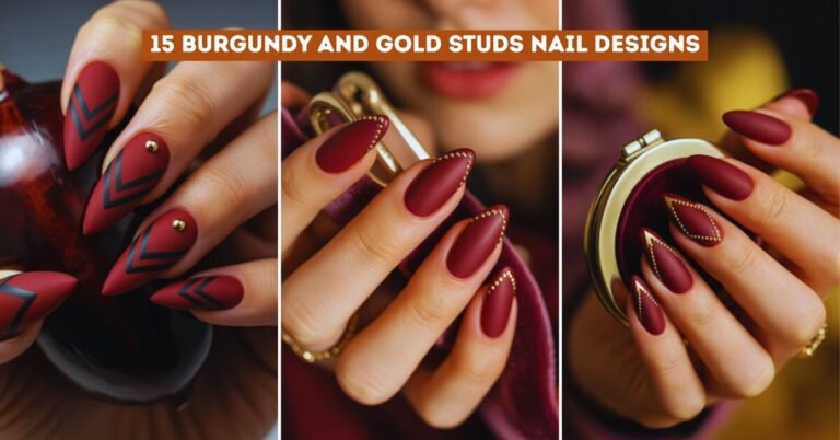 Chevron With Matte Burgundy and Gold Studs Nail Designs That Exude Elegance