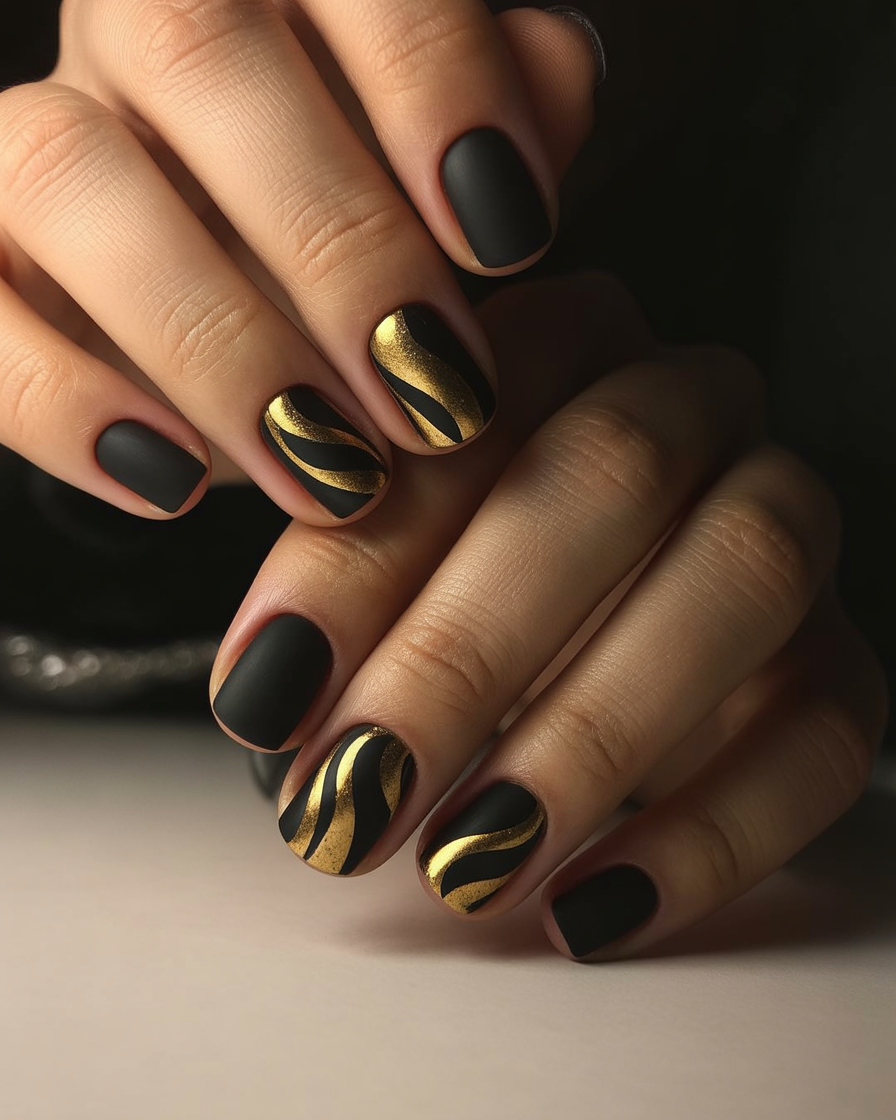 Matte black nails with shiny golden swirl designs, combining elegance and luxury for festive or formal occasions.