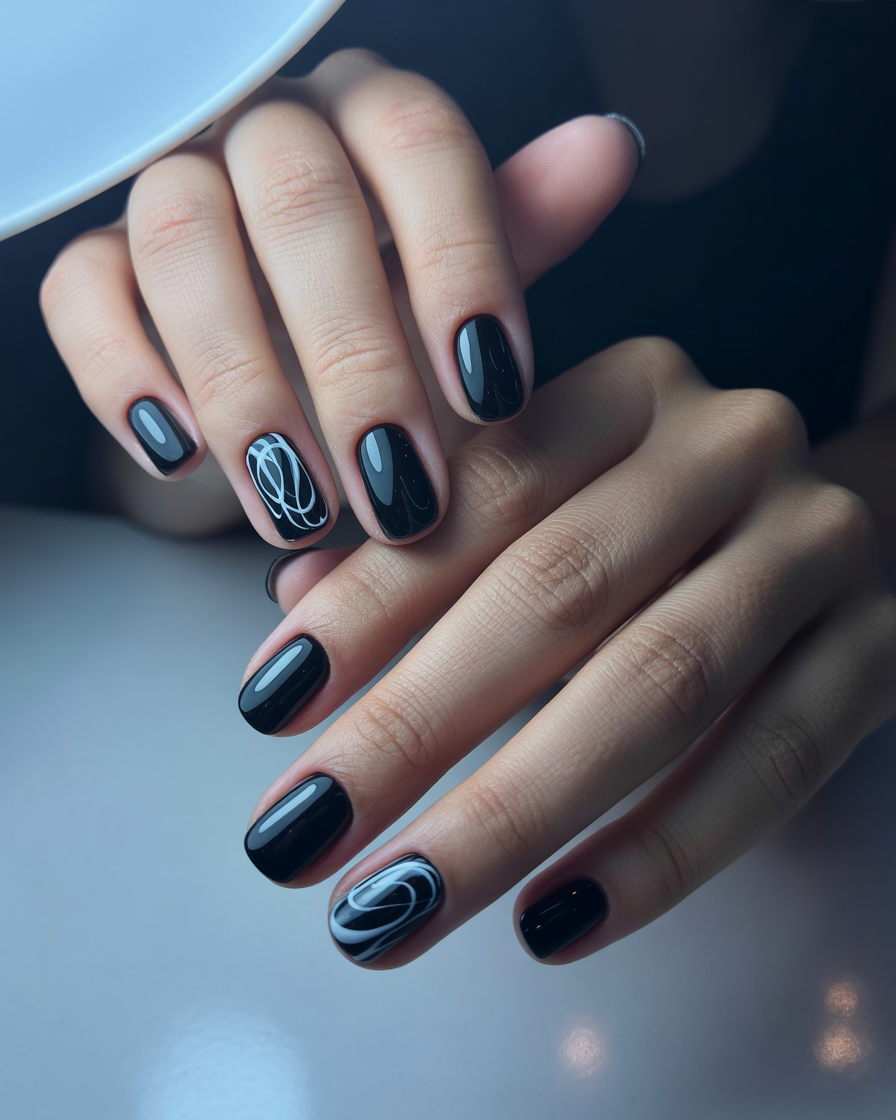 Glossy Black Base with White Swirls
