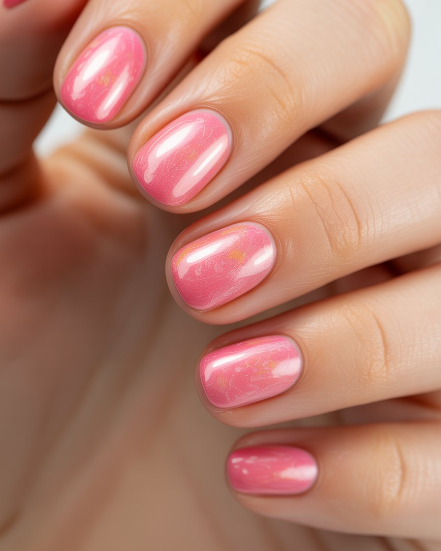 Jelly pink nails with a glossy, soft bloom effect, perfect for the transition between seasons.