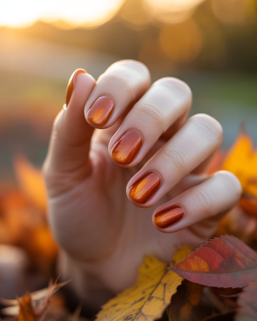 Burnt orange nails with golden hour warmth, perfect for transitioning from summer into fall.