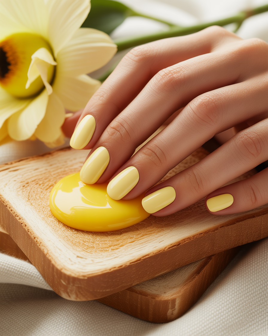 Soft melted butter yellow nails that bring a cheerful, sunny vibe to the transition from summer to fall.