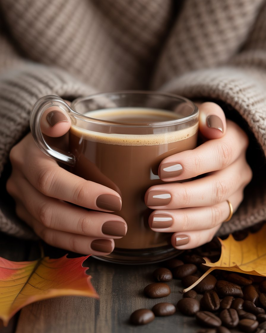 Cozy mocha nude nails for a rich, inviting look that’s perfect for the fall season.